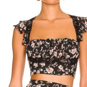 Free People Bijou Top Square Neckline Flutter Sleeves Floral Cropped Top Sz 4